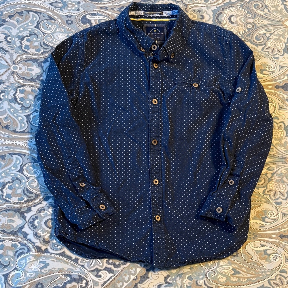 Dark Blue and White Polka Dot Button Down Shirt